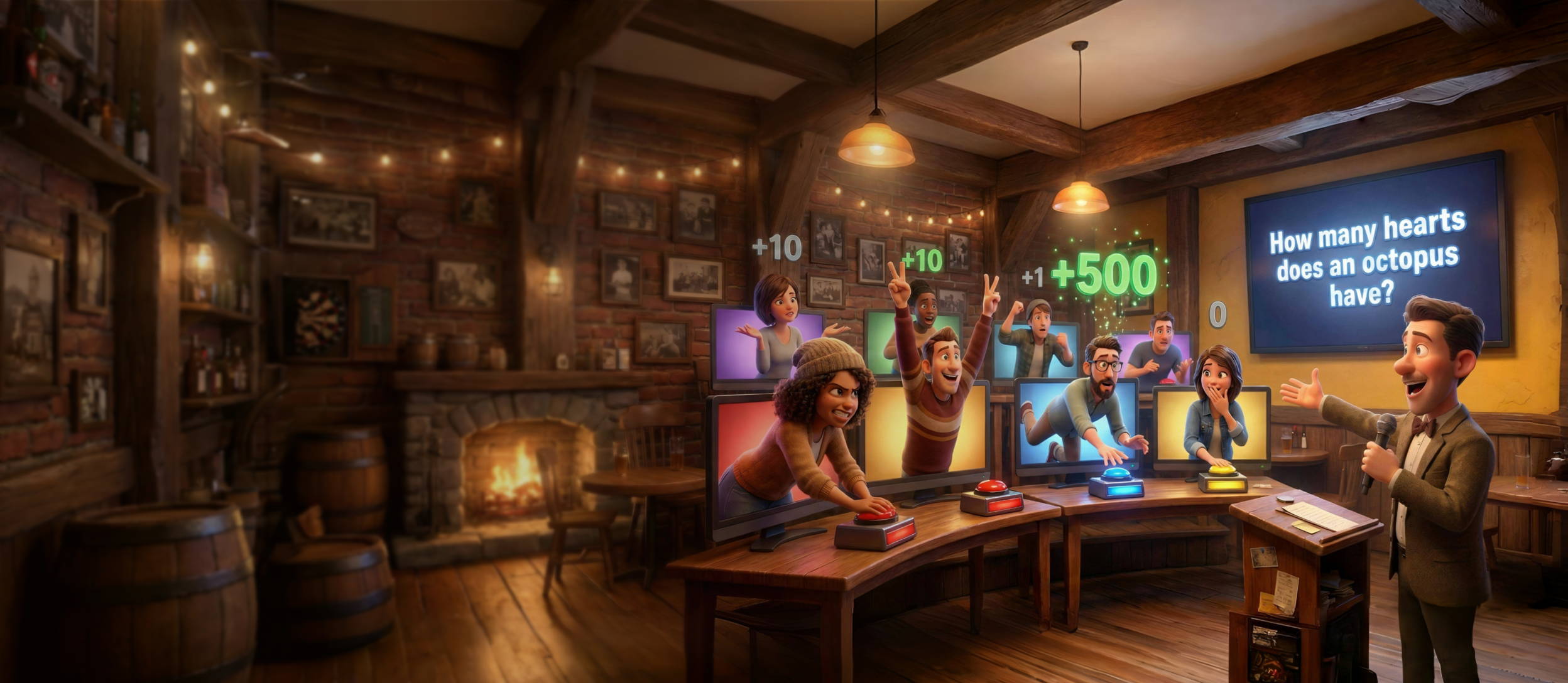 A group of people playing trivia together. People earn different points as a question pops up on the board and they answer.