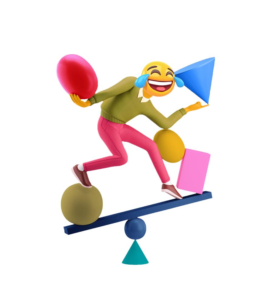 Laughing smiley face man balancing shapes on a seesaw for Funny Team Building Activities