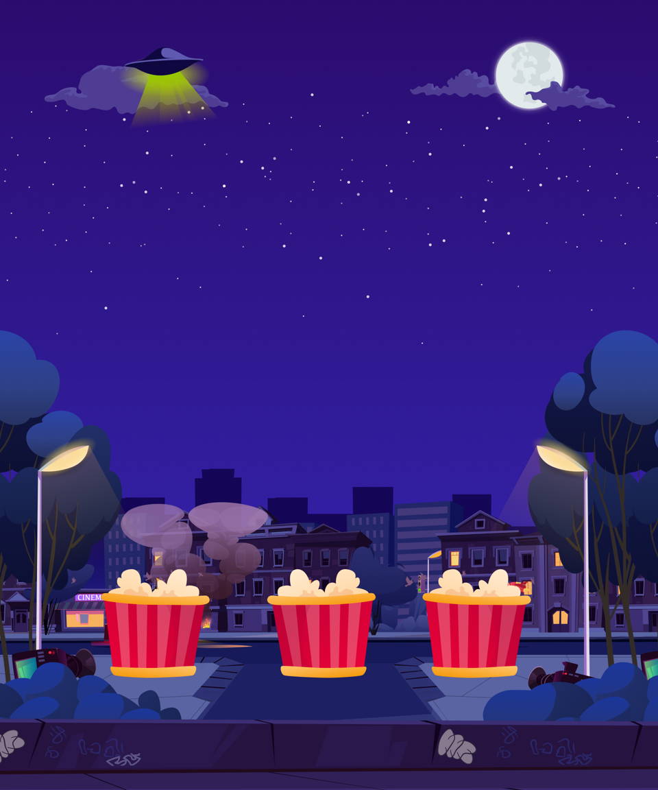 3 buckets of popcorn in a nighttime cityscape background