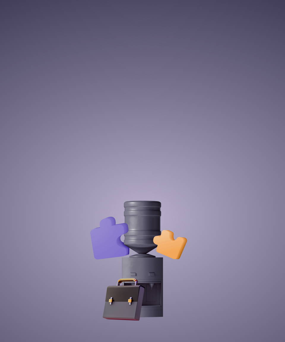 A briefcase resting on a black water cooler flanked by two big puzzle pieces for Confetti's Networking Water Cooler 