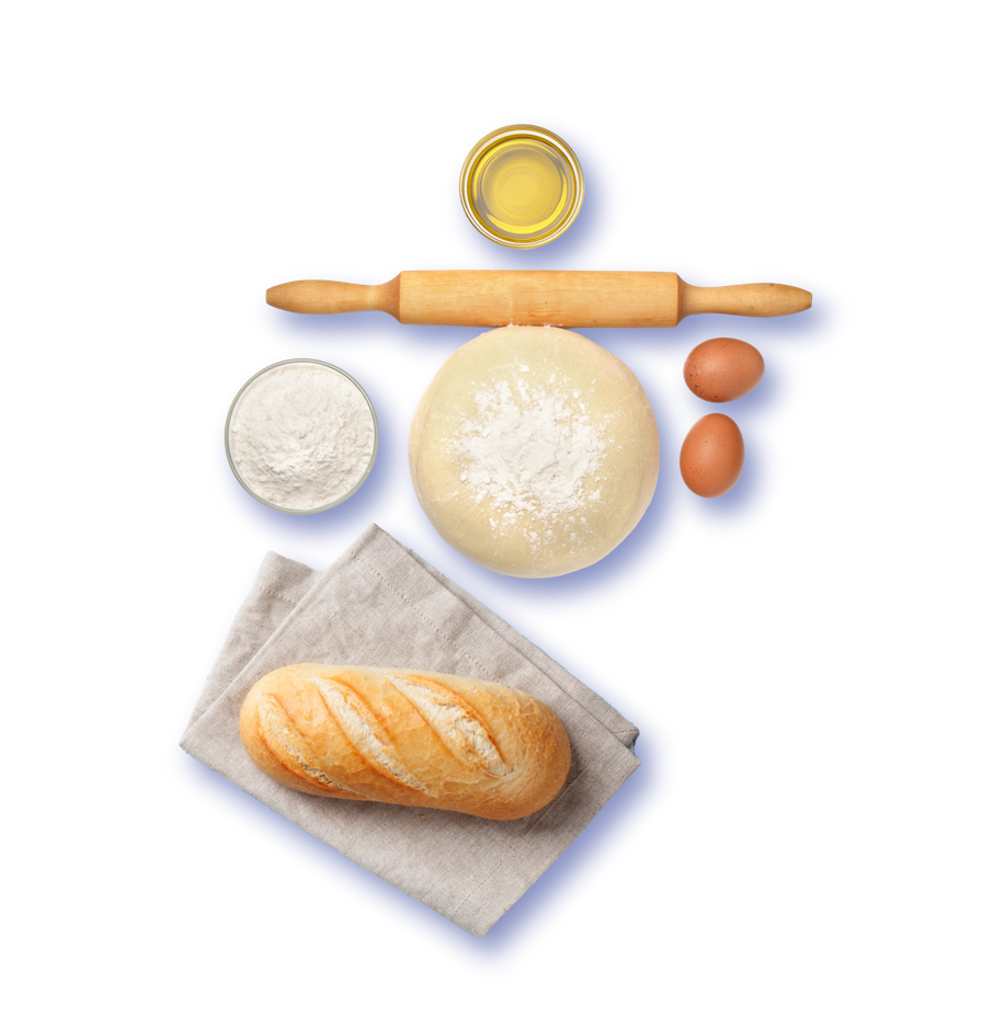 Loaf of bread, dough, flour, oil, eggs, and rolling pin