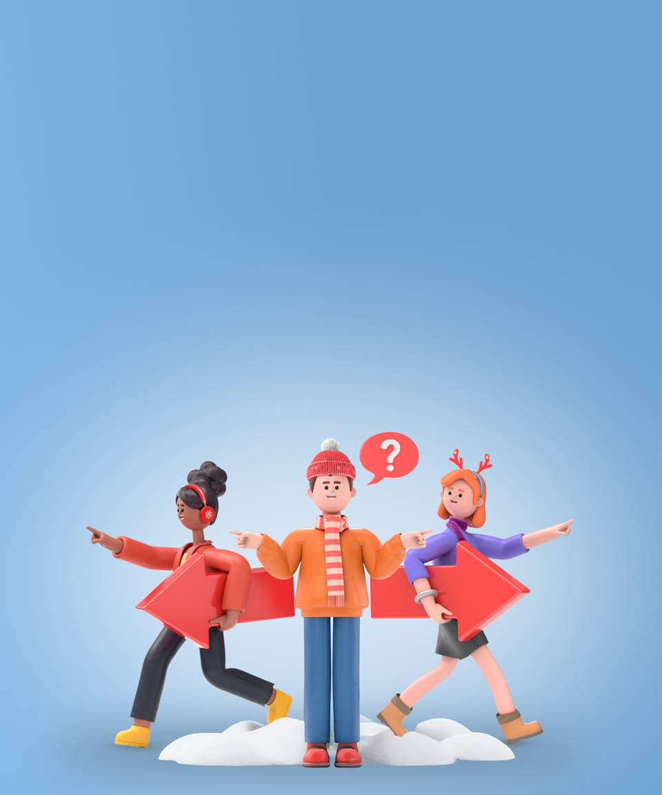 Man dressed in winter attire confused about which way to go and two women running in opposite directions (small)