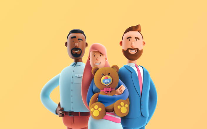 Three employees standing and smiling with one holding a big teddy bear for Confetti's Virtual Baby Shower Family Feud
