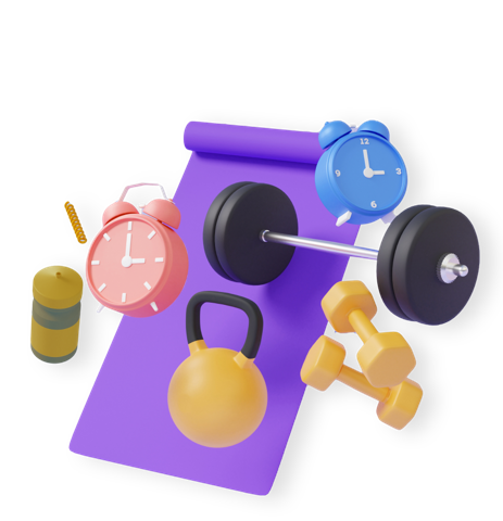 3D icon of weights, clocks, water bottle, and mat for Fitness Classes