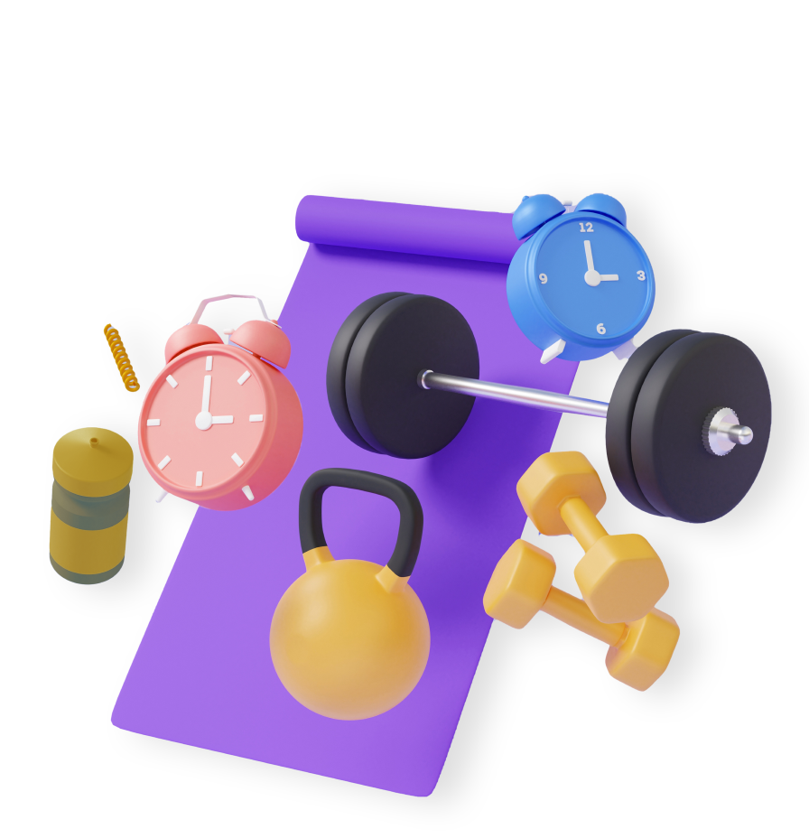 3D icon of weights, clocks, water bottle, and mat for Fitness Classes