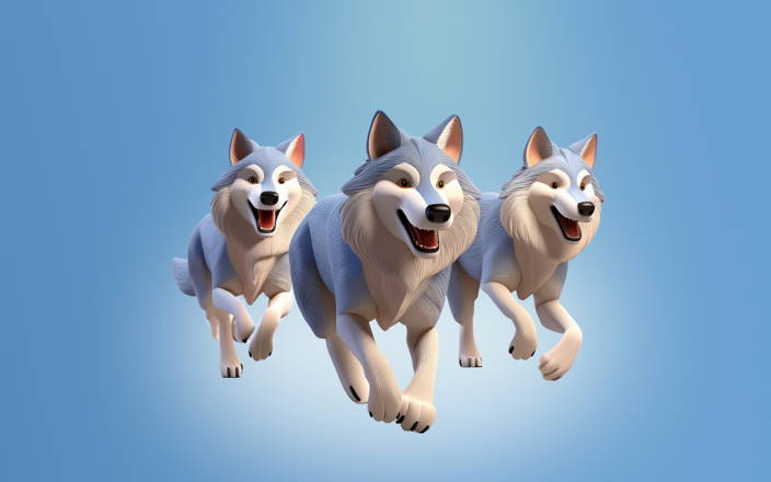 Three wolves running in a pack with blue background (preview)