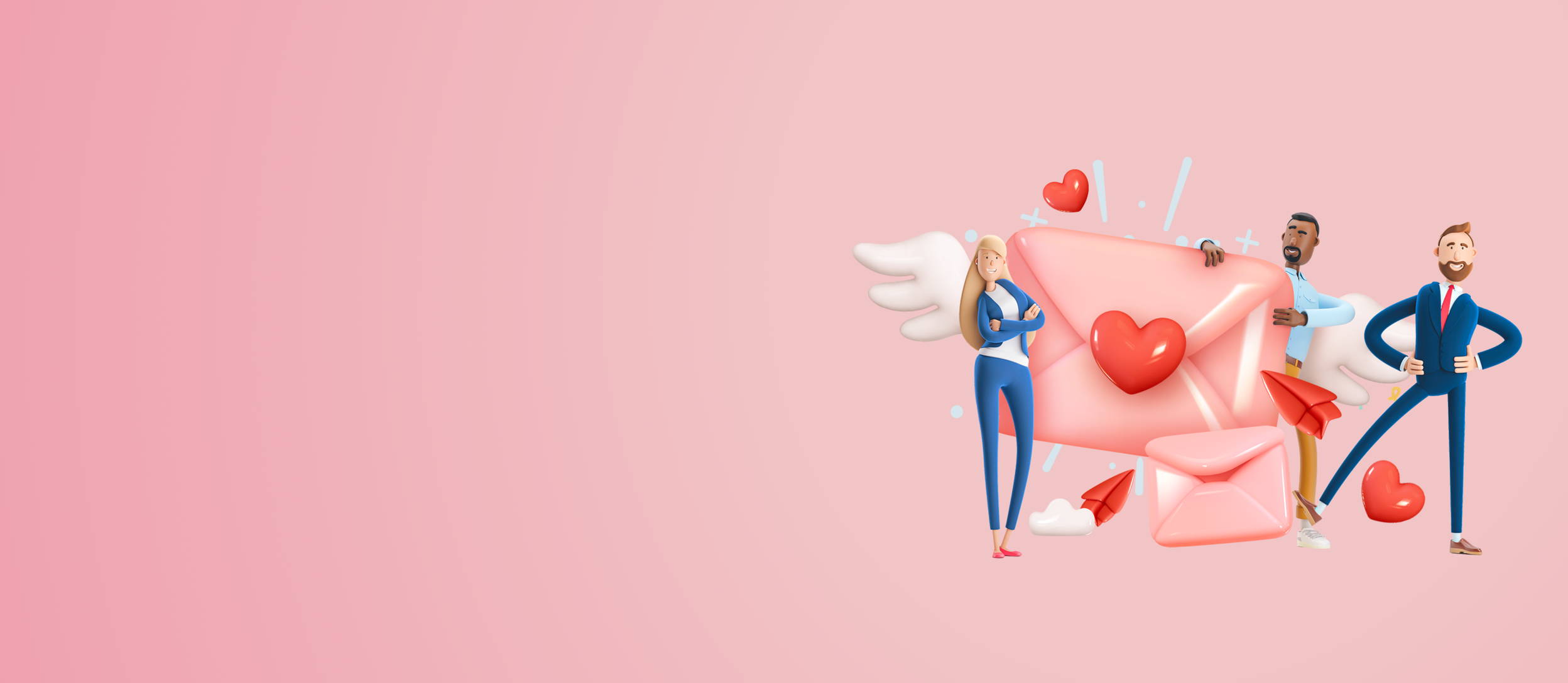 Three employees standing around two large love letters sprouting angel wings for Confetti's Virtual Valentine's Day Family Feud