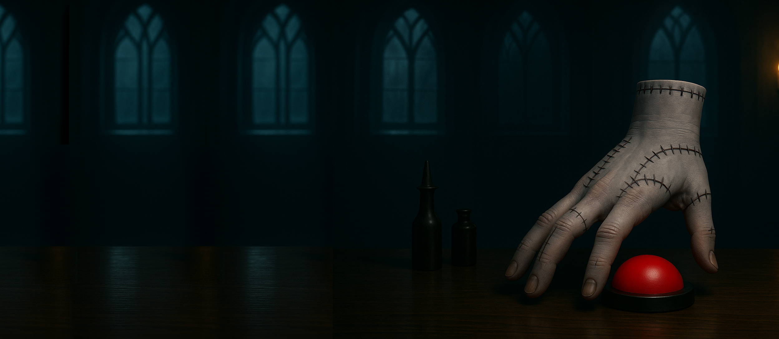 The Thing from Addams Family standing next to a red trivia button