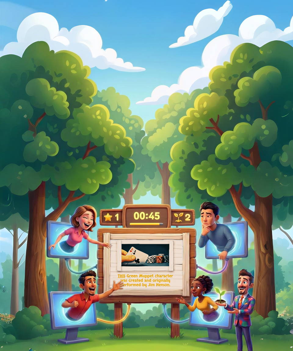 A group of four people appear and answer a question in a wooded area. There is a host to the side.