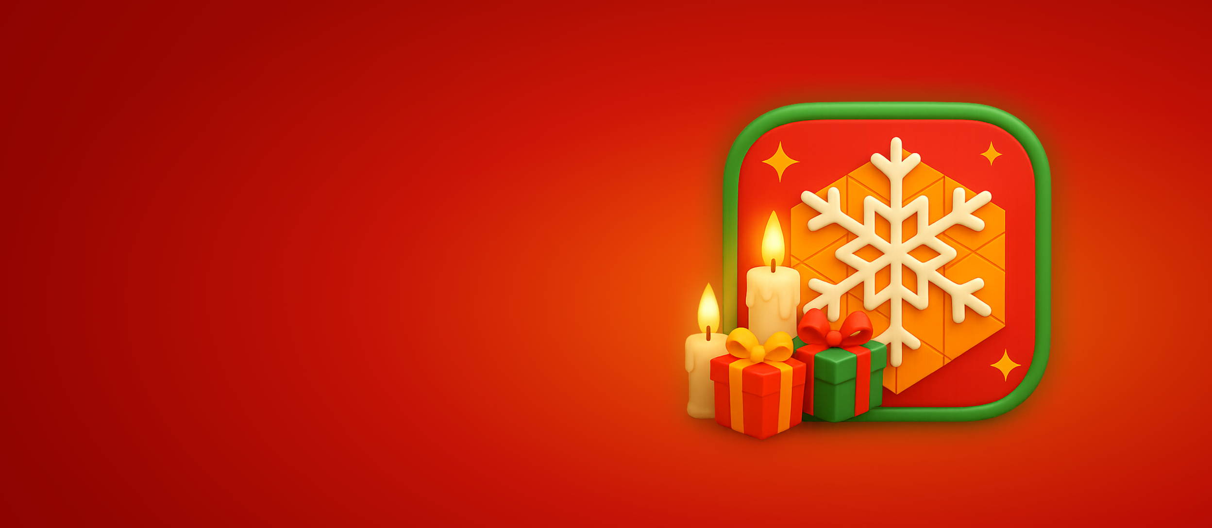 Two burning candles with two presents, in front of a large snowflake on a red background