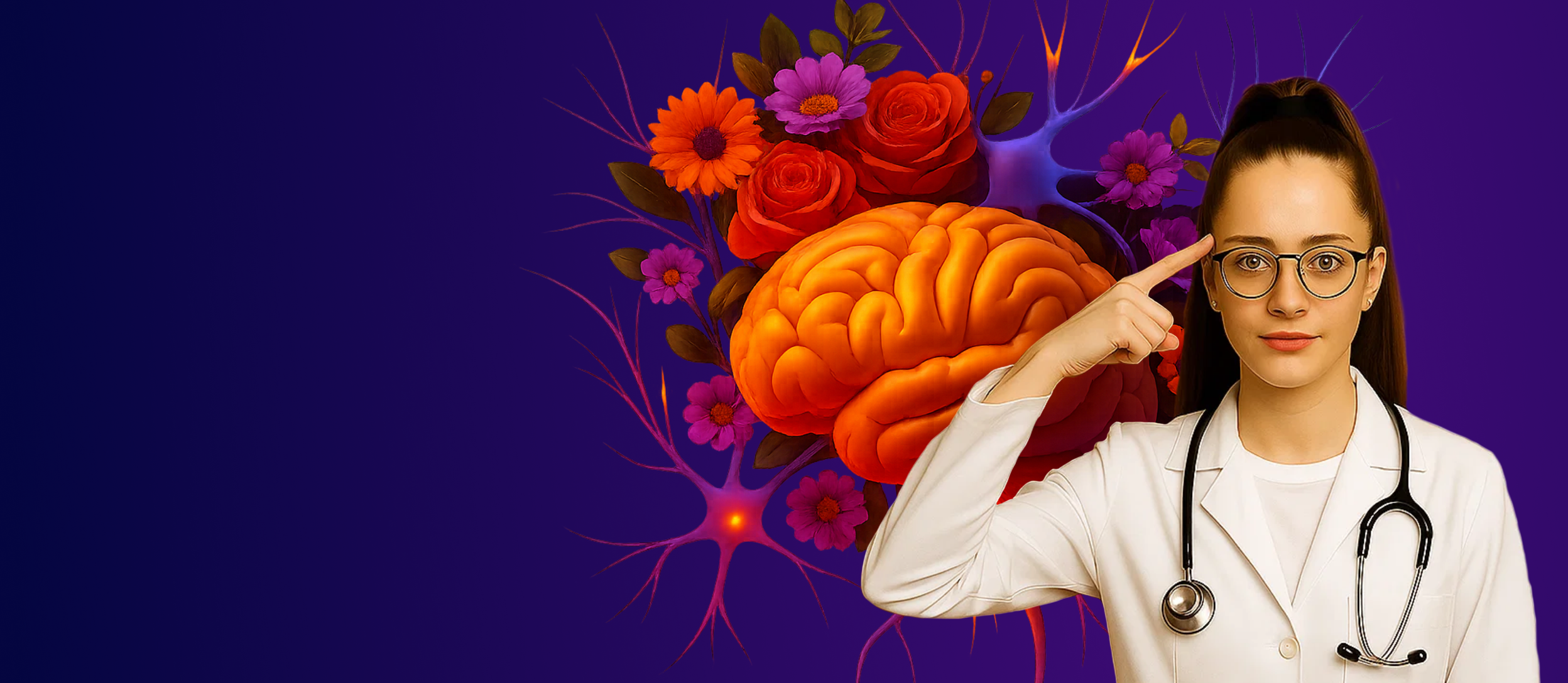 Female doctor pointing to her brain, with a brain image and flowers in the background