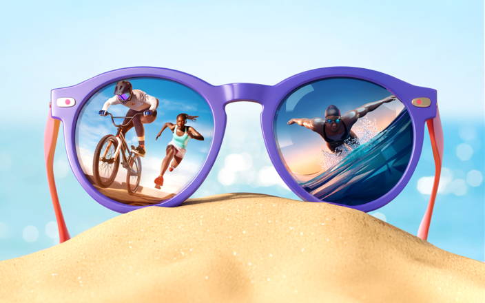 Sunglasses on a beach with athletes running, biking, and swimming in reflection (preview)