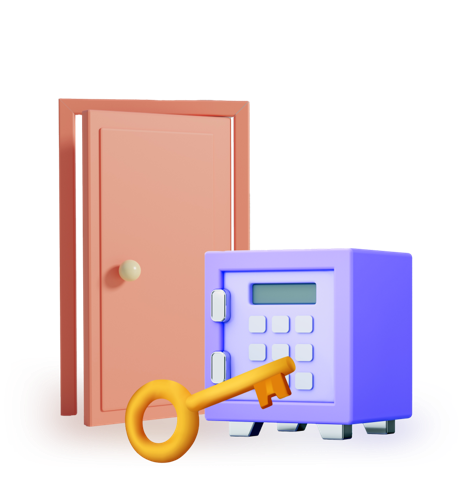 Locked safe with a key and an open door