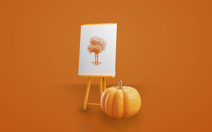 An easel with a drawing of a tree next to a big pumpkin for Confetti's Virtual Fall Games for Adults