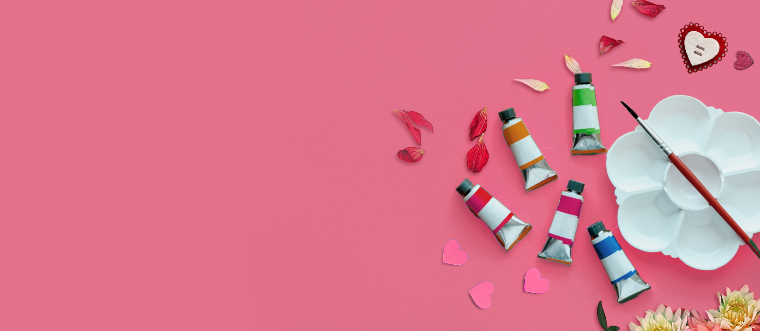 Materials for a Valentine's Day painting class, including paints, palette, and paintbrush (large)
