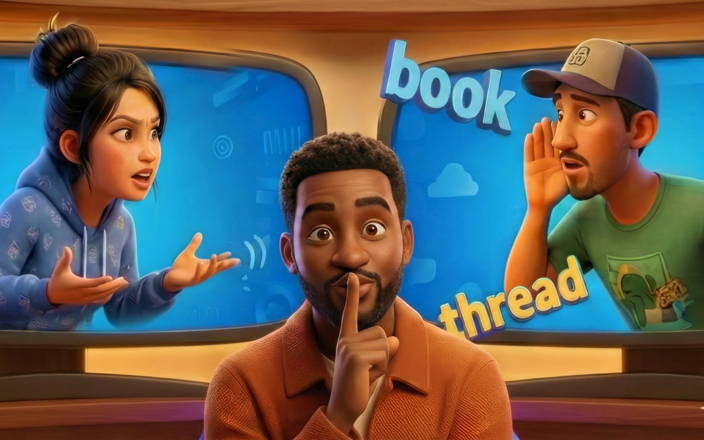 Four people are playing a guessing game while a host stands by and watches.