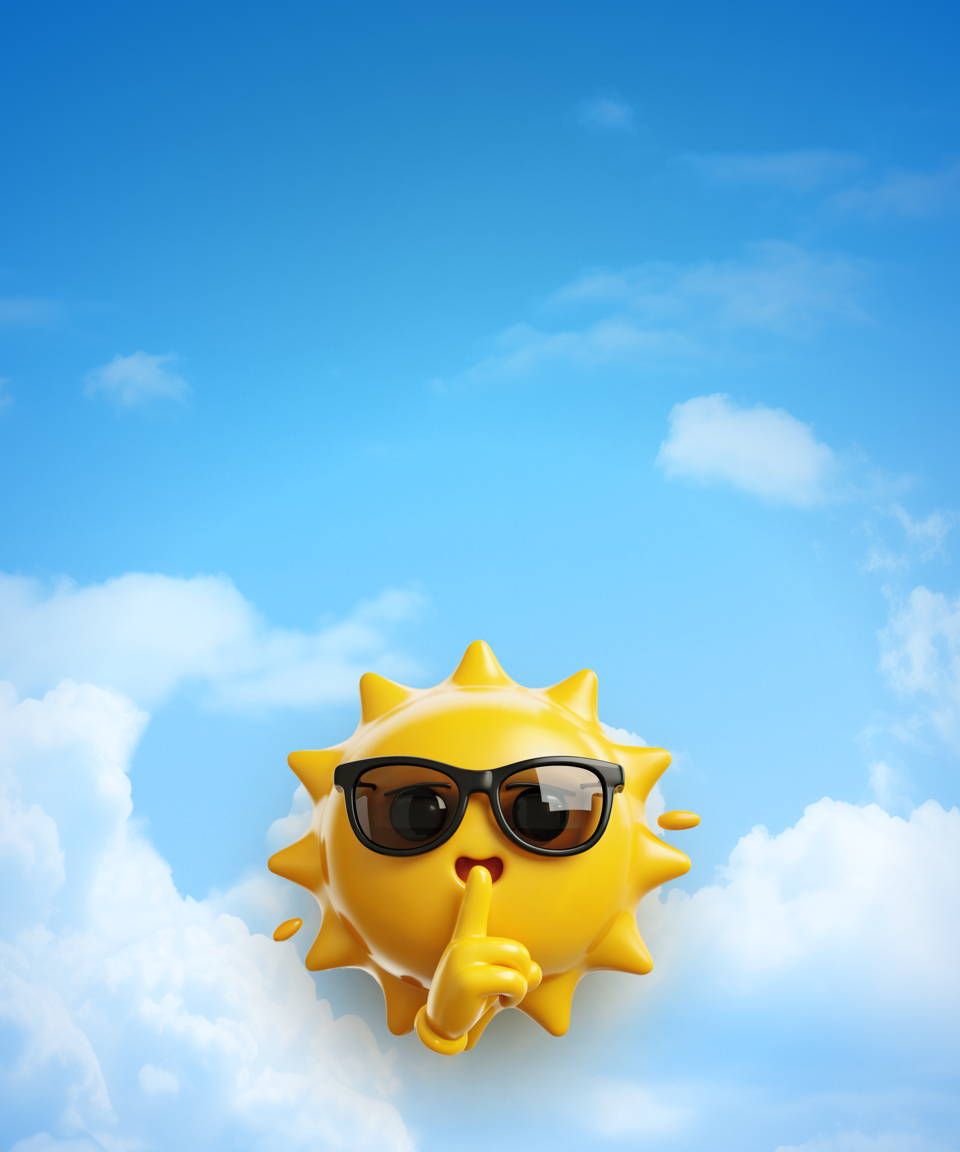 3D sun with sunglasses making a silent gesture in the clouds (small)