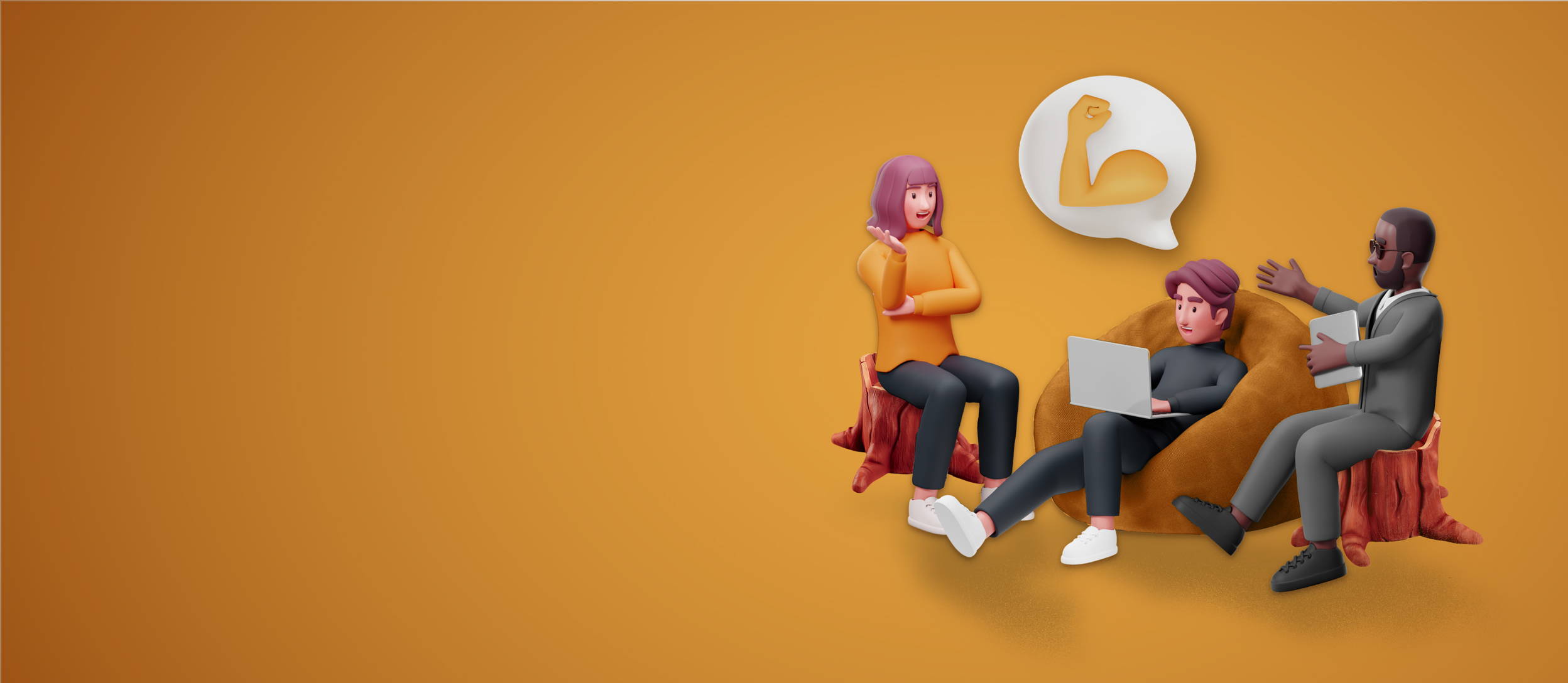 Three 3D cartoon employees sitting around and talking for Confetti's Virtual Imposter Syndrome Class