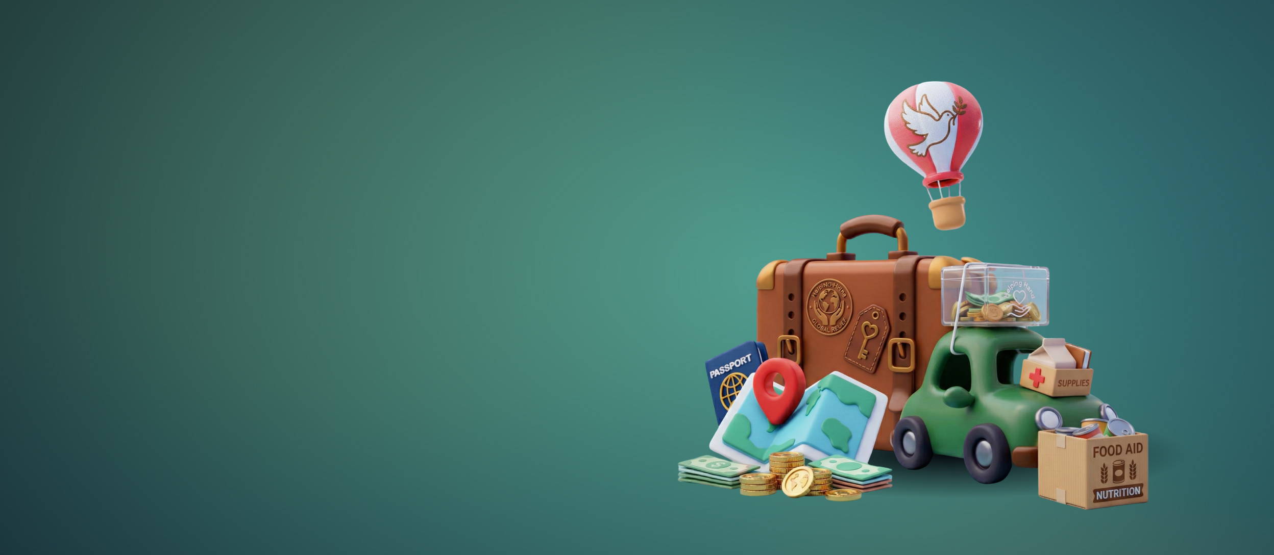 A giant suitcase, a map, a small green car, a passport, a hot air balloon, a pile of money, boxes of food & first aid supplies and a money donation bin, all on a blue backdrop.