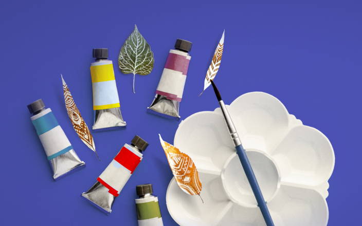Tubes of paint, paper fall leaves, palette, and paintbrush (preview)