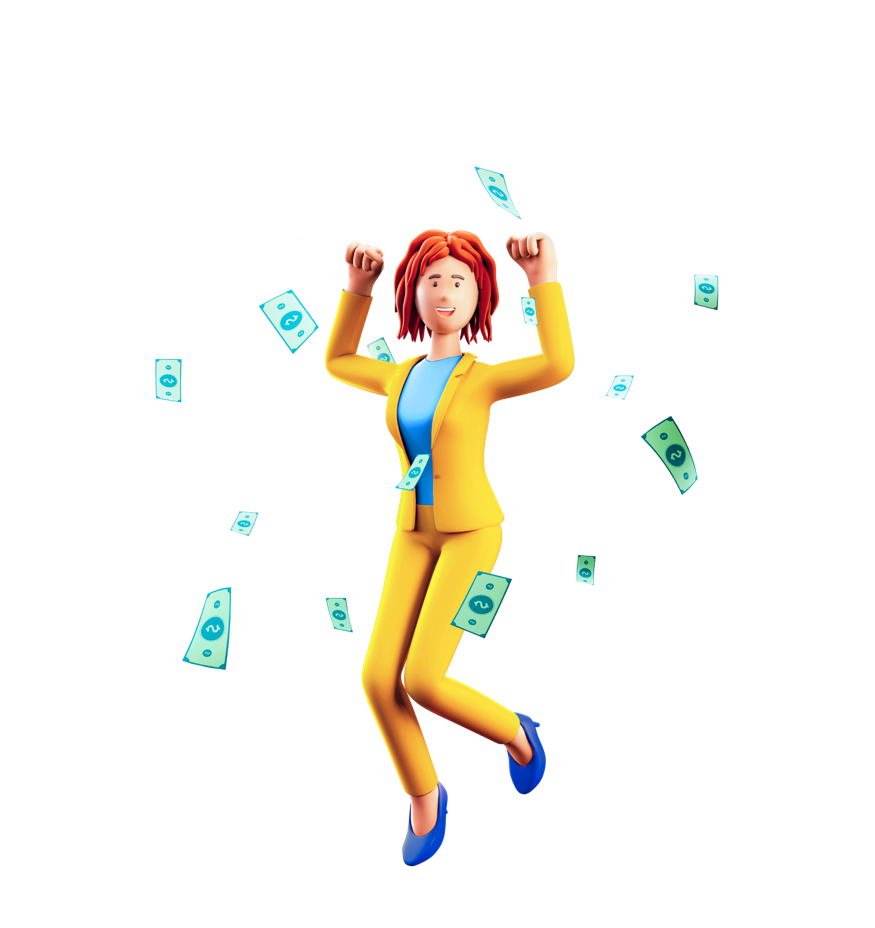 Woman in corporate clothes dancing with money