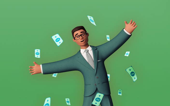 Hispanic Latin American businessman jumping up in joy, flying money bills (preview)