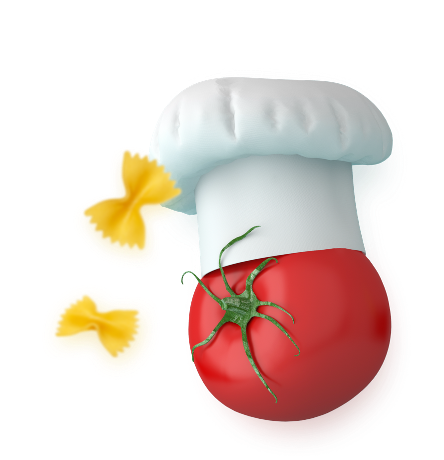 Tomato wearing a chef's hat for Team Building Cooking Classes