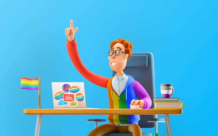 An employee wearing a rainbow striped hoodie raising their hand at their desk adorned in Pride gear for Confetti's Virtual Pride Trivia