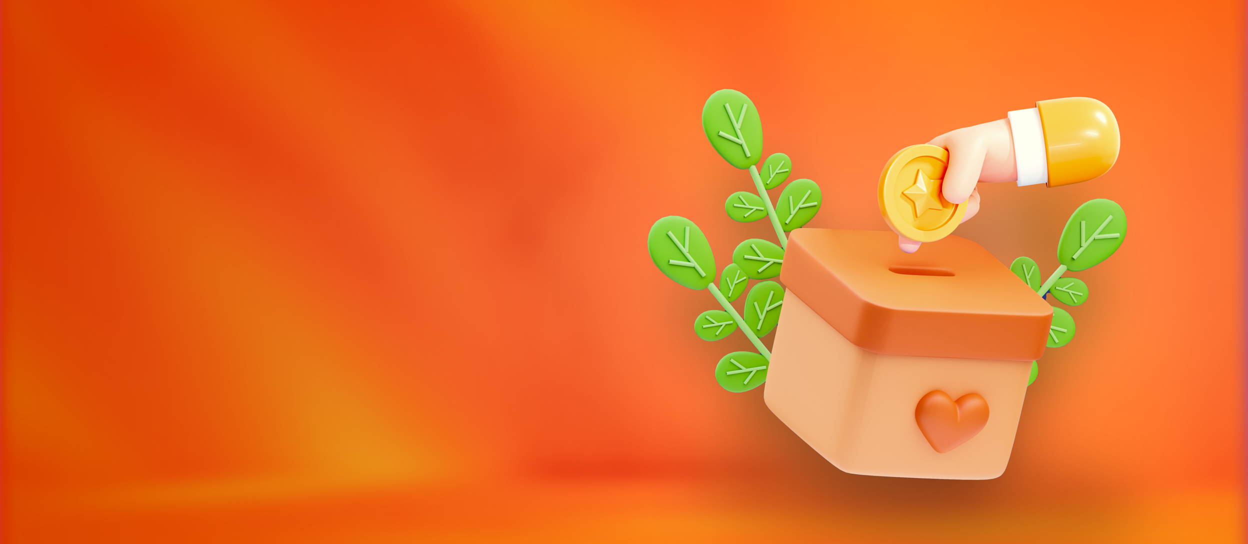 A hand placing a coin into a box with a slot in the lid, a heart on the front, and leaves growing out of the side. With an orange background. 