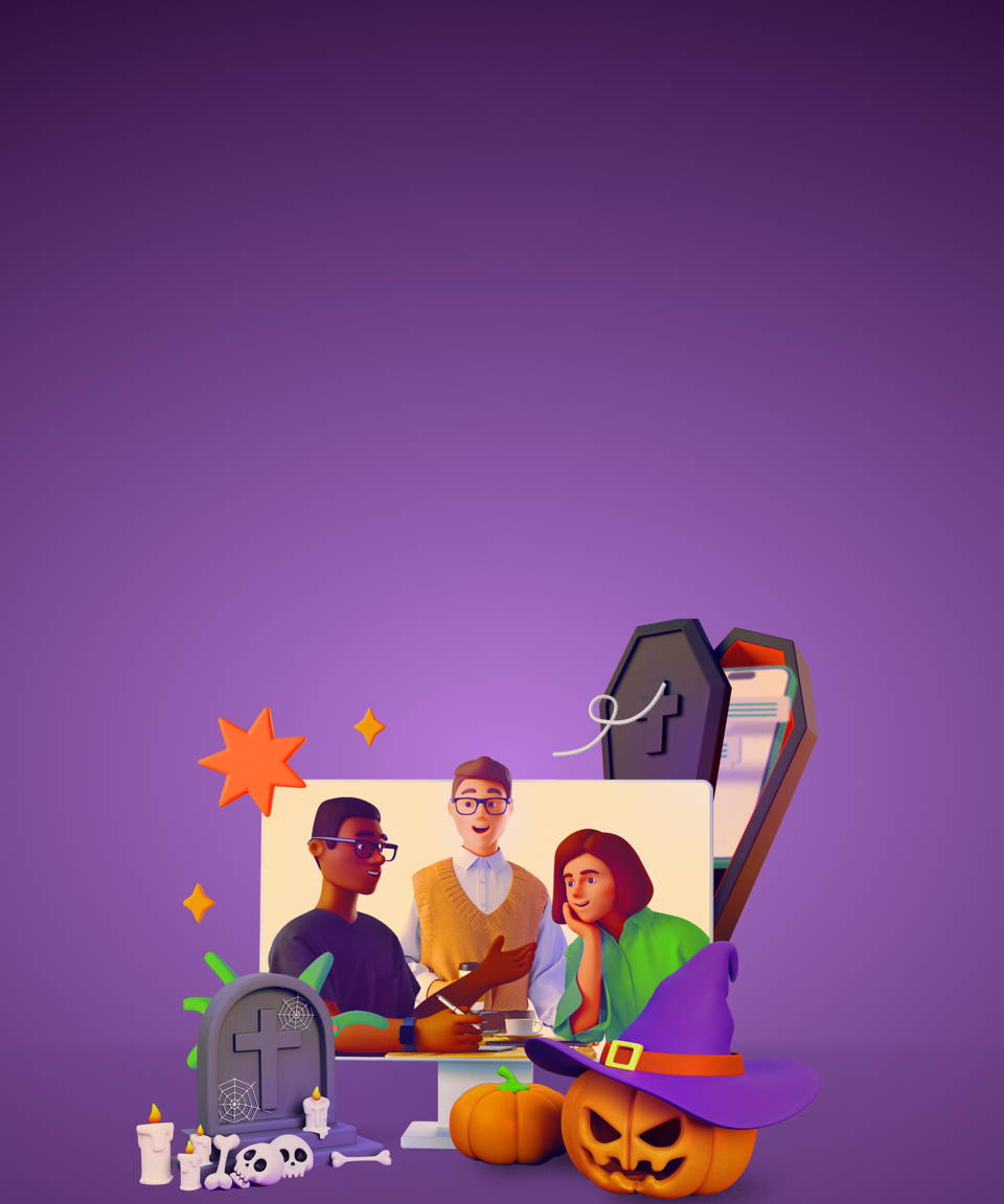Three coworkers interacting at a work mixer with Halloween themed decorations (small)