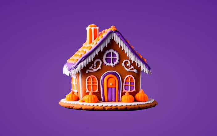 Green and purple frosted gingerbread house with Halloween decorations (preview)