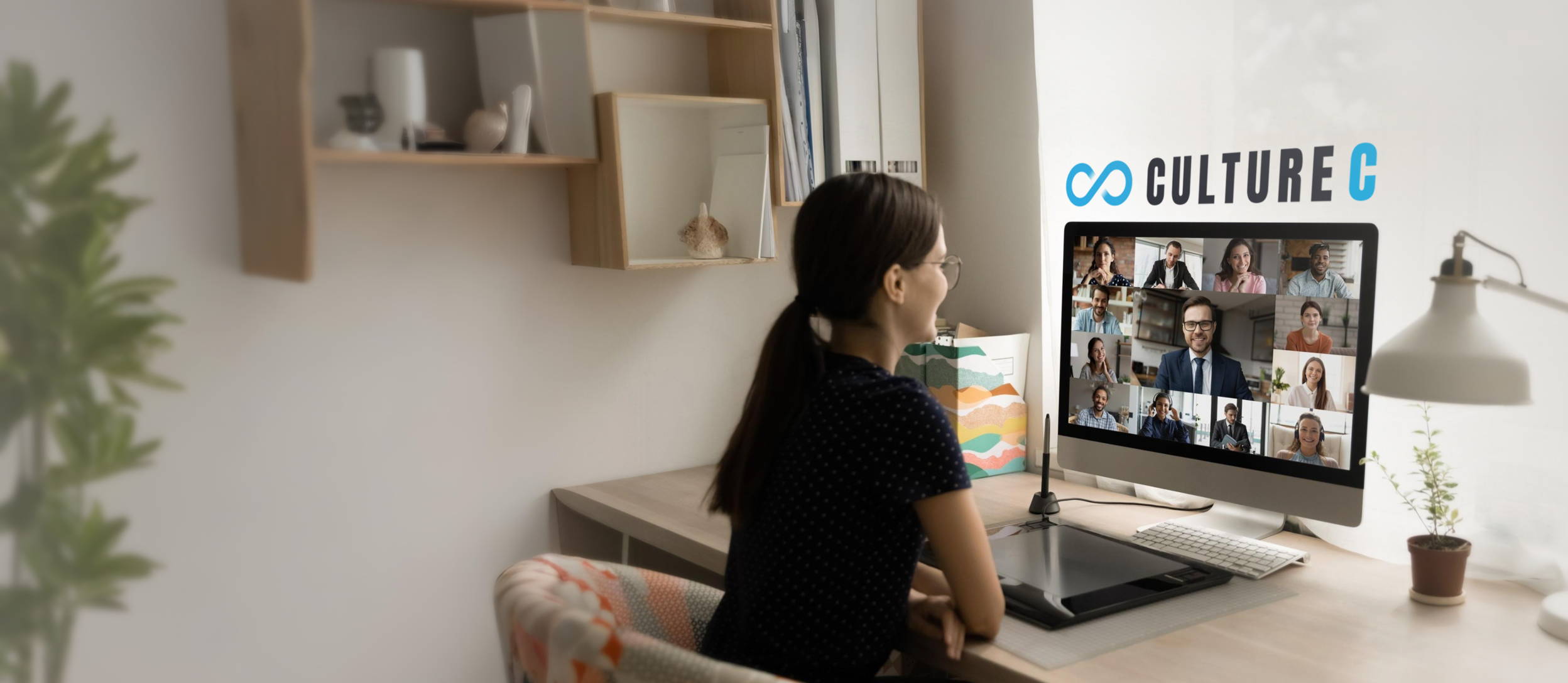 Woman sitting at her computer, on Zoom, with words above that say "Culture C"