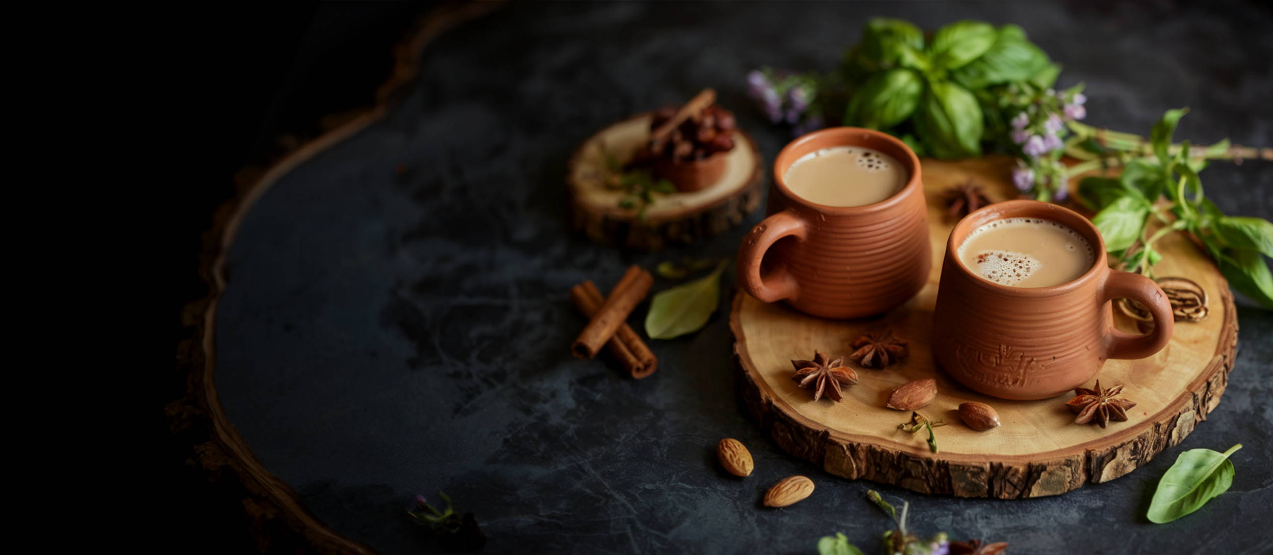 Two cups of chai tea with spices on a wooden board (large)
