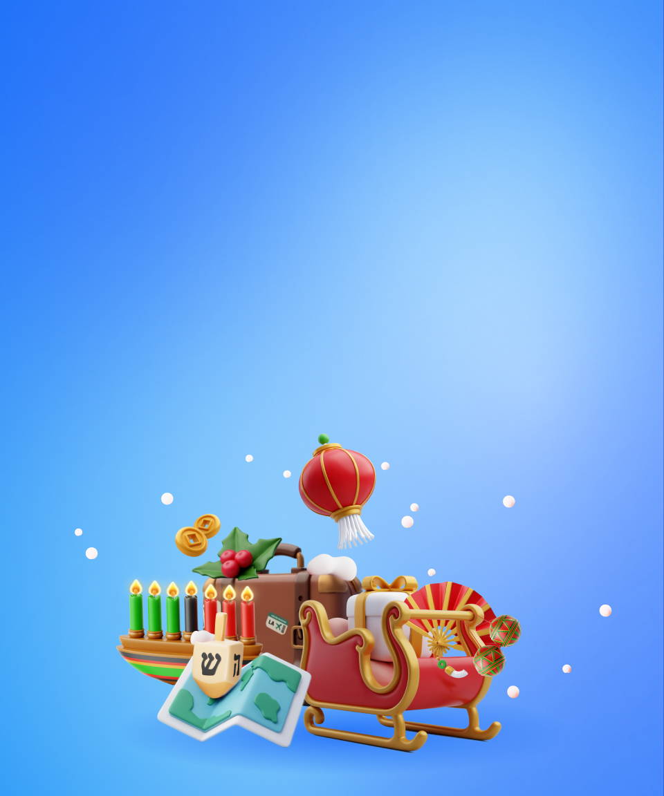 Santa's sleigh, a suitcase with holly, a menorah, a dreidel on a map, cash coins & a paper lantern in the air, all on a blue background. 