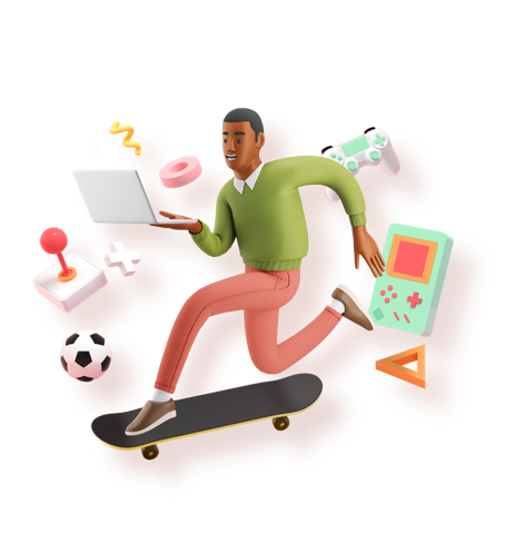 Employee working on a computer while skateboarding for National Have Fun at Work Day Activities