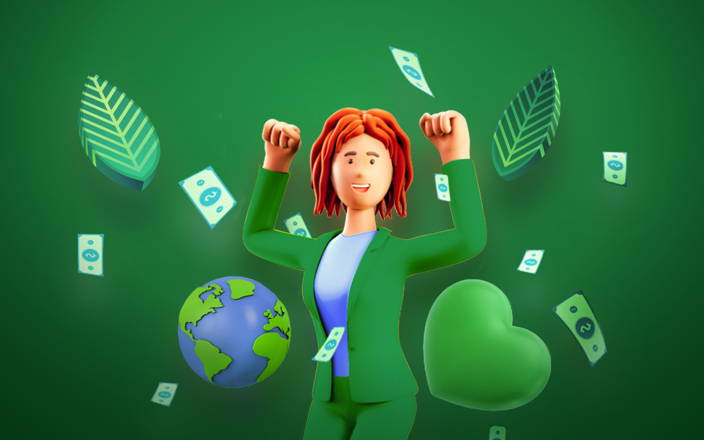 Businesswoman in green suit jumping up with an Earth, green heart, and money bills (preview)