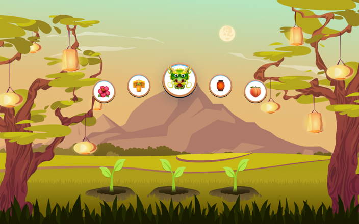 Trees sprouting from the ground underneath round circles with icons of AAPI culture next to two large trees decorated with paper lanterns for Confetti's Virtual AAPI Games