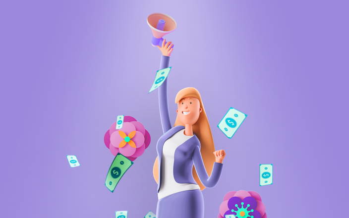 Money and flowers falling around a 3D cartoon businesswoman holding a megaphone for Confetti's Virtual Women's History Jeopardy