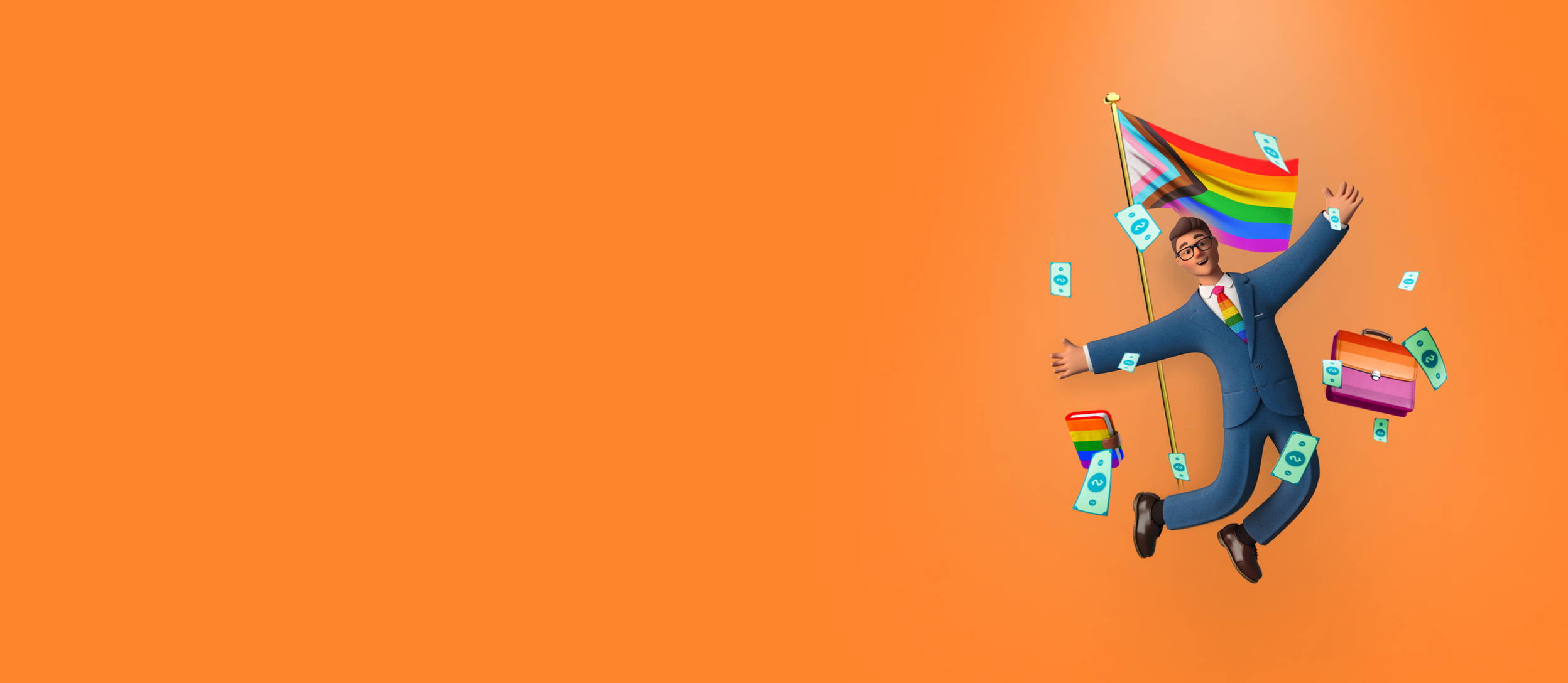 LGBTQIA+ employee jumping in joy with briefcase, notebook, and money (large)