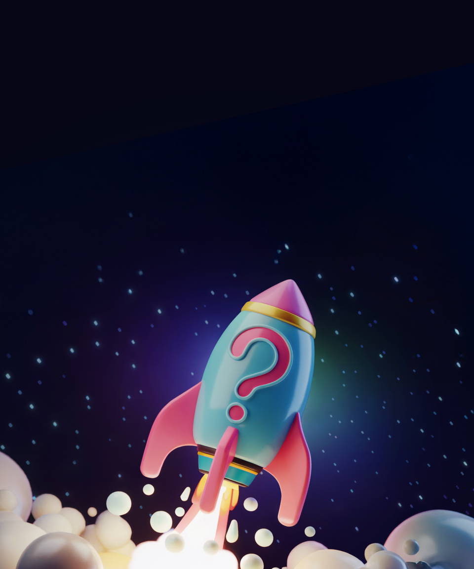 Flying rocket in outer space with question mark (small)
